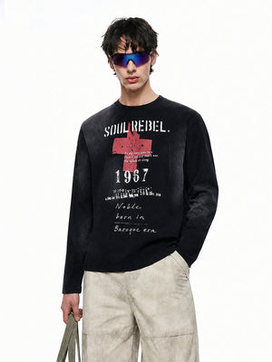 Distressed Long Sleeve Shirt with Red Cross Print – Black, on model front | XoKool