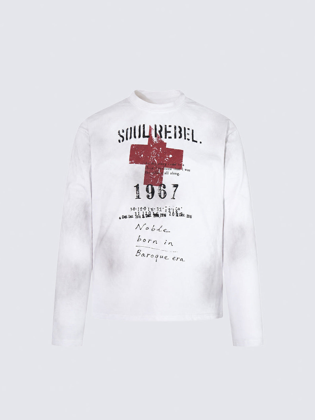 Distressed Long Sleeve Shirt with Red Cross Print – White, front flat | XoKool