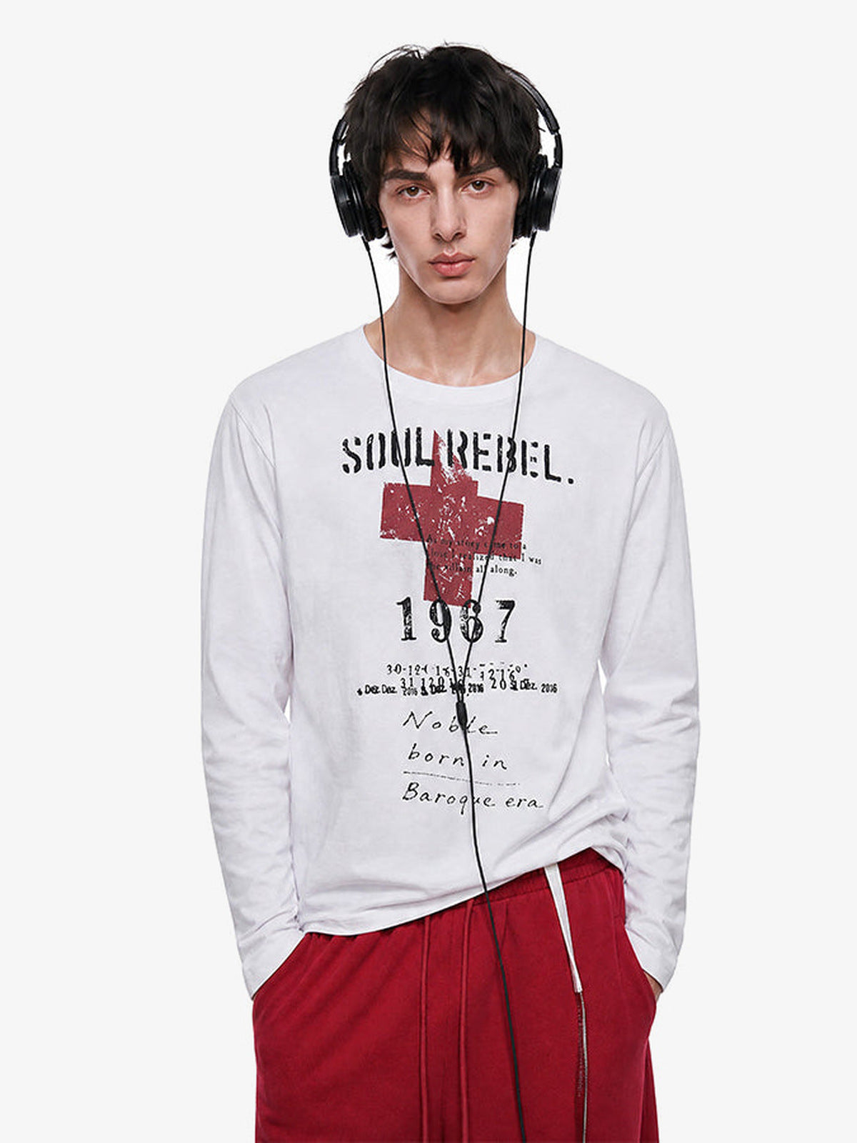 Distressed long sleeve shirt – White, on model front with headphones | XoKool