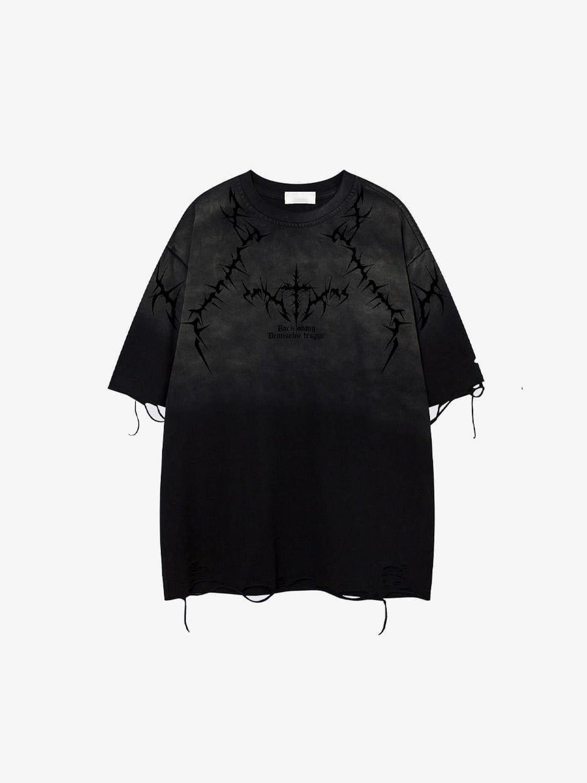 Distressed Ombre T-Shirt with Thorn Vine Print – Black front flat lay | XoKool