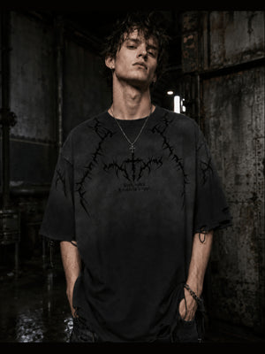 Distressed Ombre T-Shirt with Thorn Vine Print – On model, black, front | XoKool