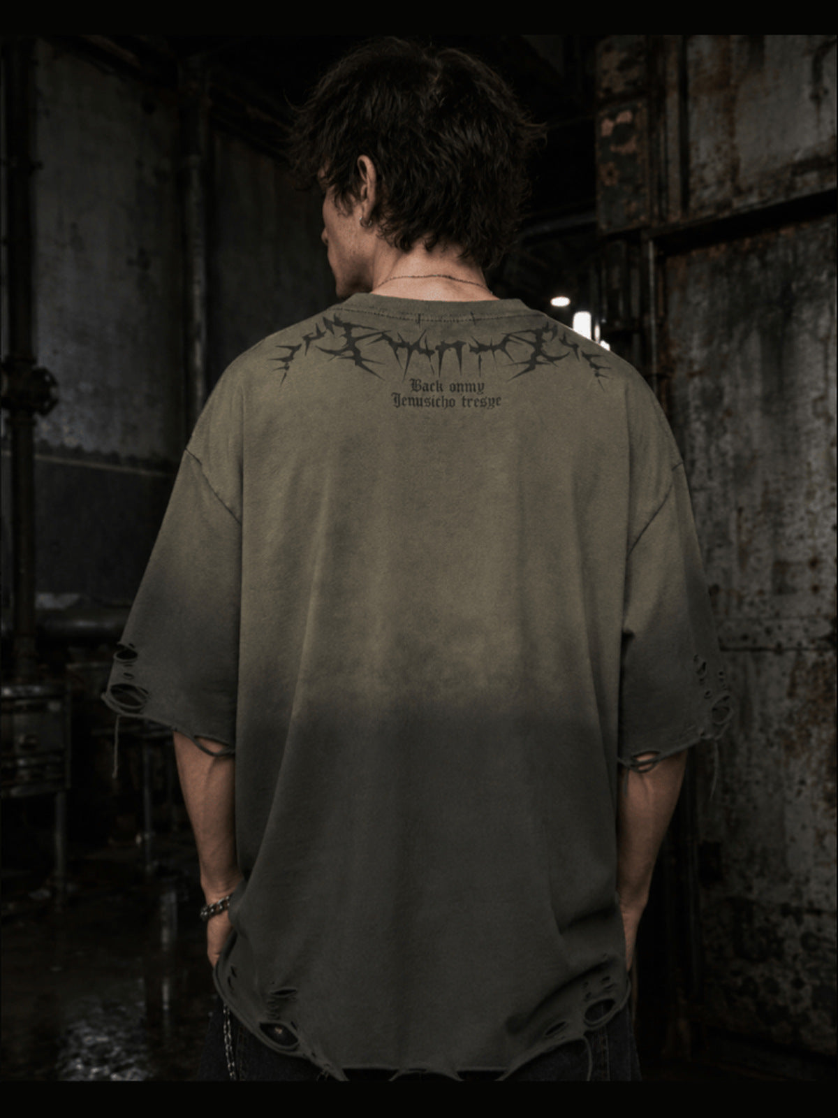 Distressed ombre t-shirt – On model, grey, back | XoKool