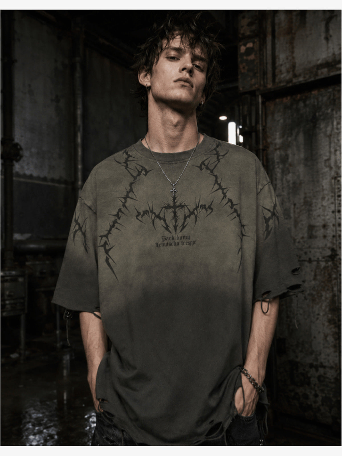 Distressed Ombre T-Shirt with Thorn Vine Print – On model, grey, front | XoKool