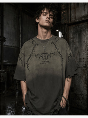 Distressed Ombre T-Shirt with Thorn Vine Print – On model, grey, front | XoKool