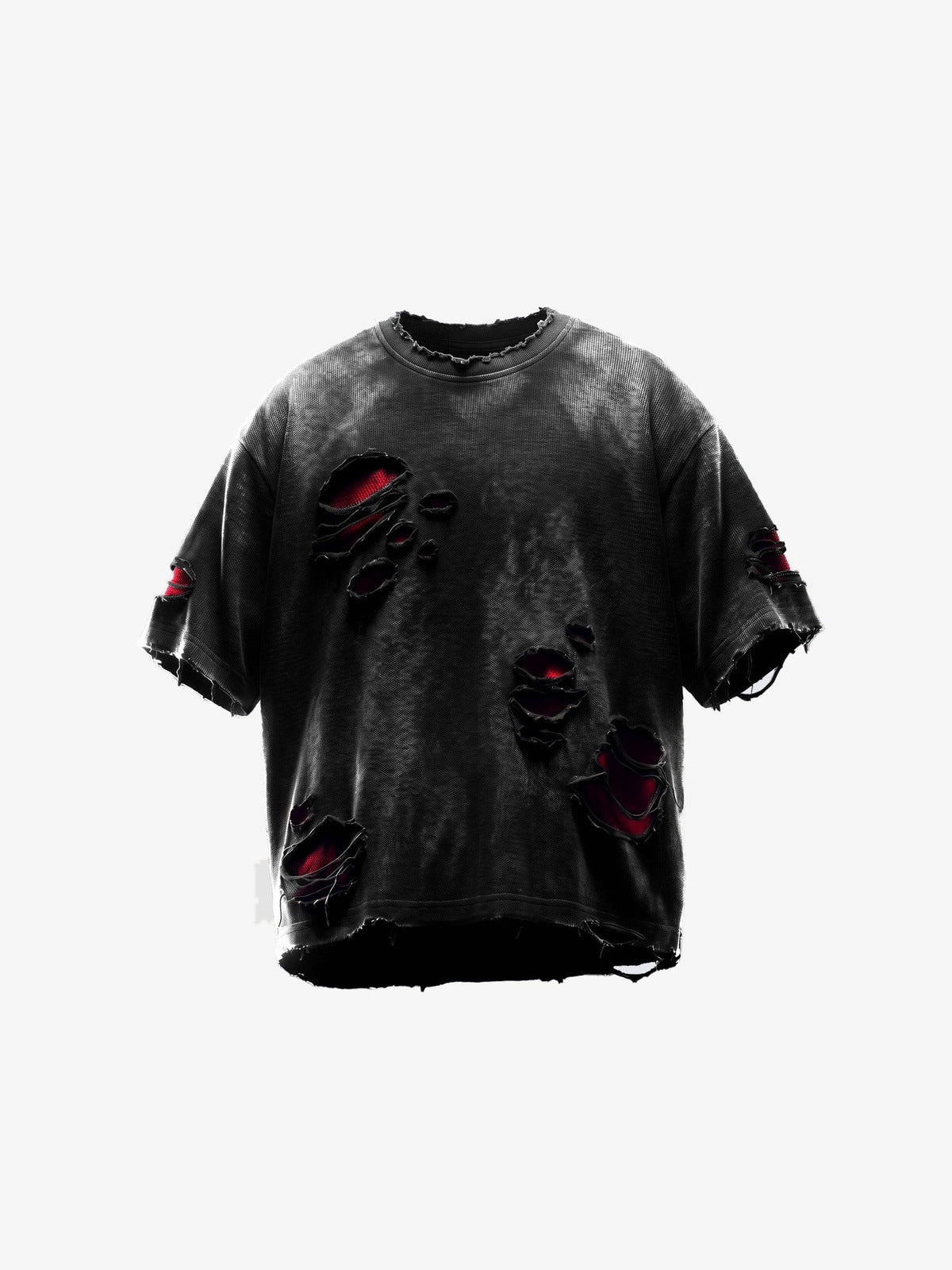 Distressed Oversized Tee with Red Underlayer – Black/red, front flat | XoKool