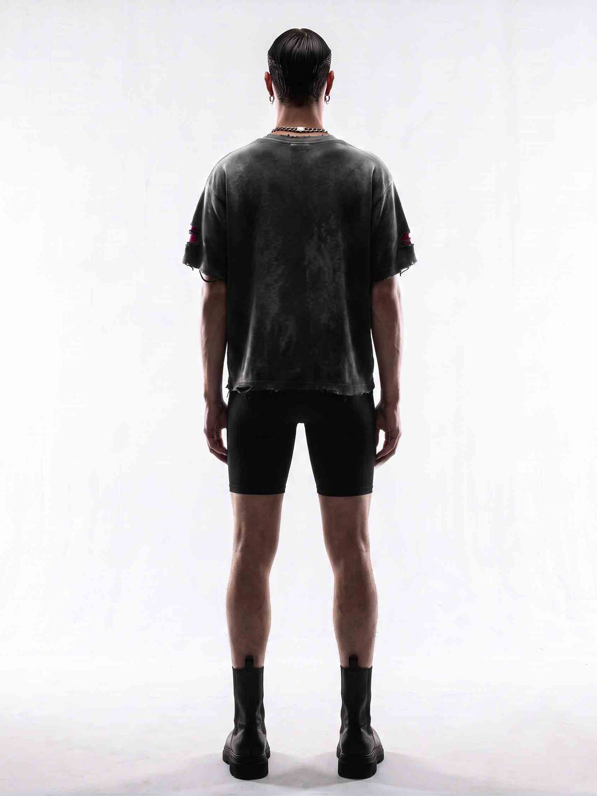 Distressed Oversized Tee with Red Underlayer – on model, back | XoKool
