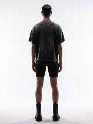 Distressed Oversized Tee with Red Underlayer – on model, back | XoKool