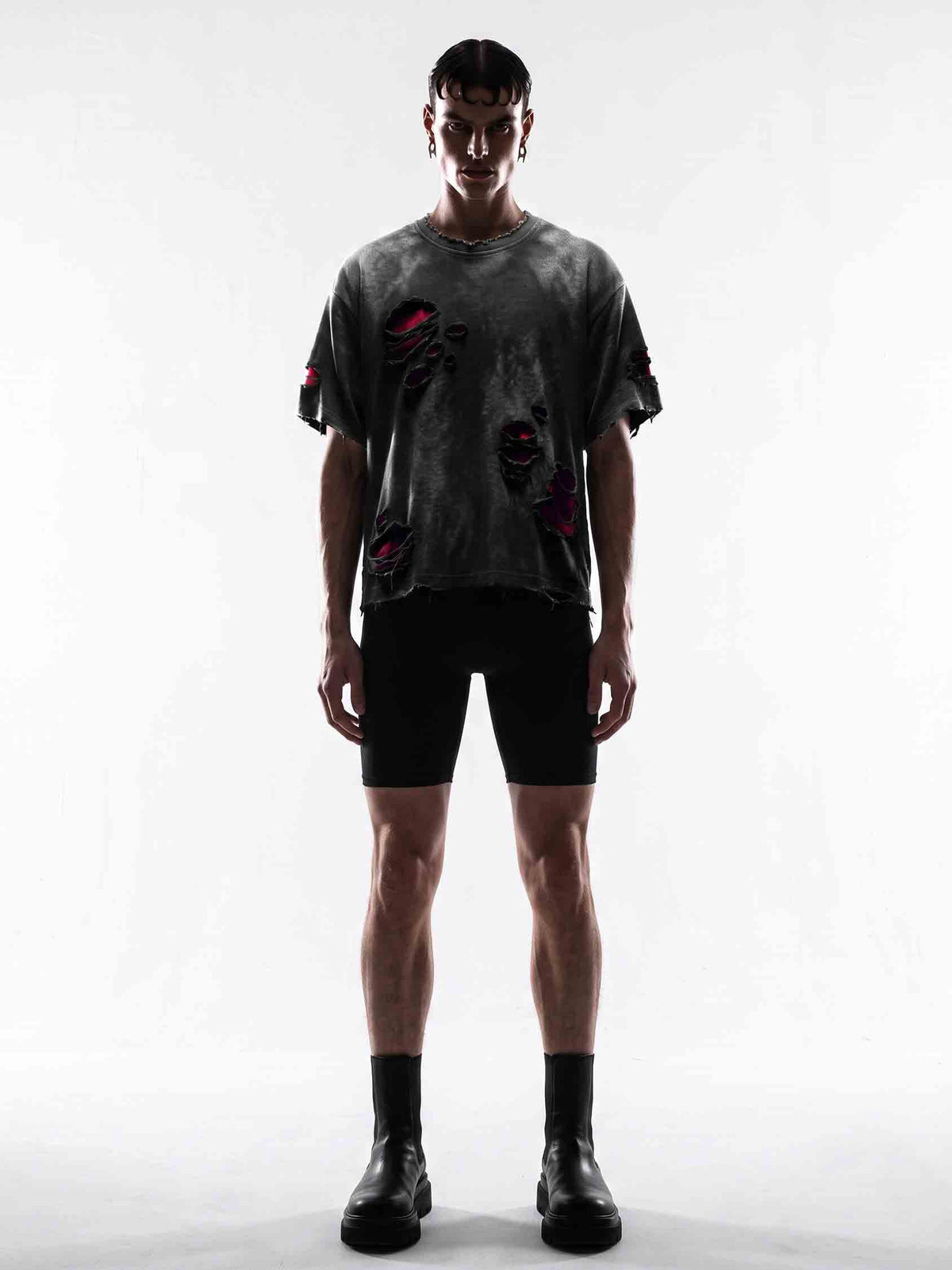 Distressed Oversized Tee with Red Underlayer – on model, front | XoKool