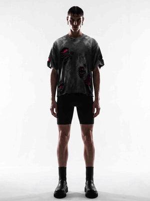 Distressed Oversized Tee with Red Underlayer – on model, front | XoKool