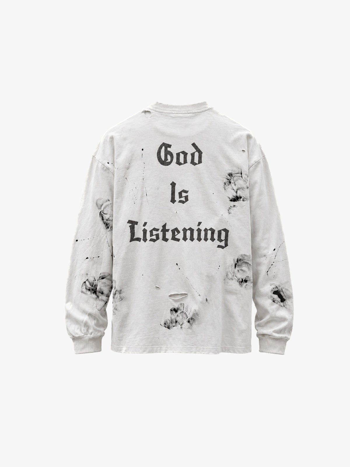Camiseta de manga larga desgastada con salpicaduras de pintura y cruz estampada – vista trasera (texto en la espalda) | XoKool