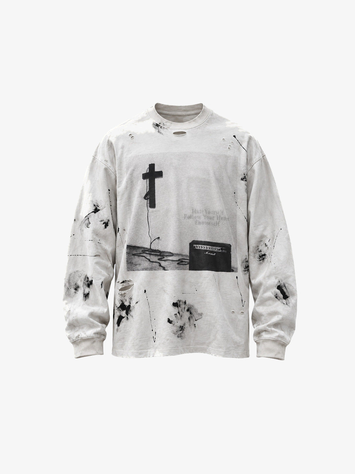 Camiseta de manga larga desgastada con salpicaduras de pintura y cruz estampada – blanco roto, vista frontal | XoKool