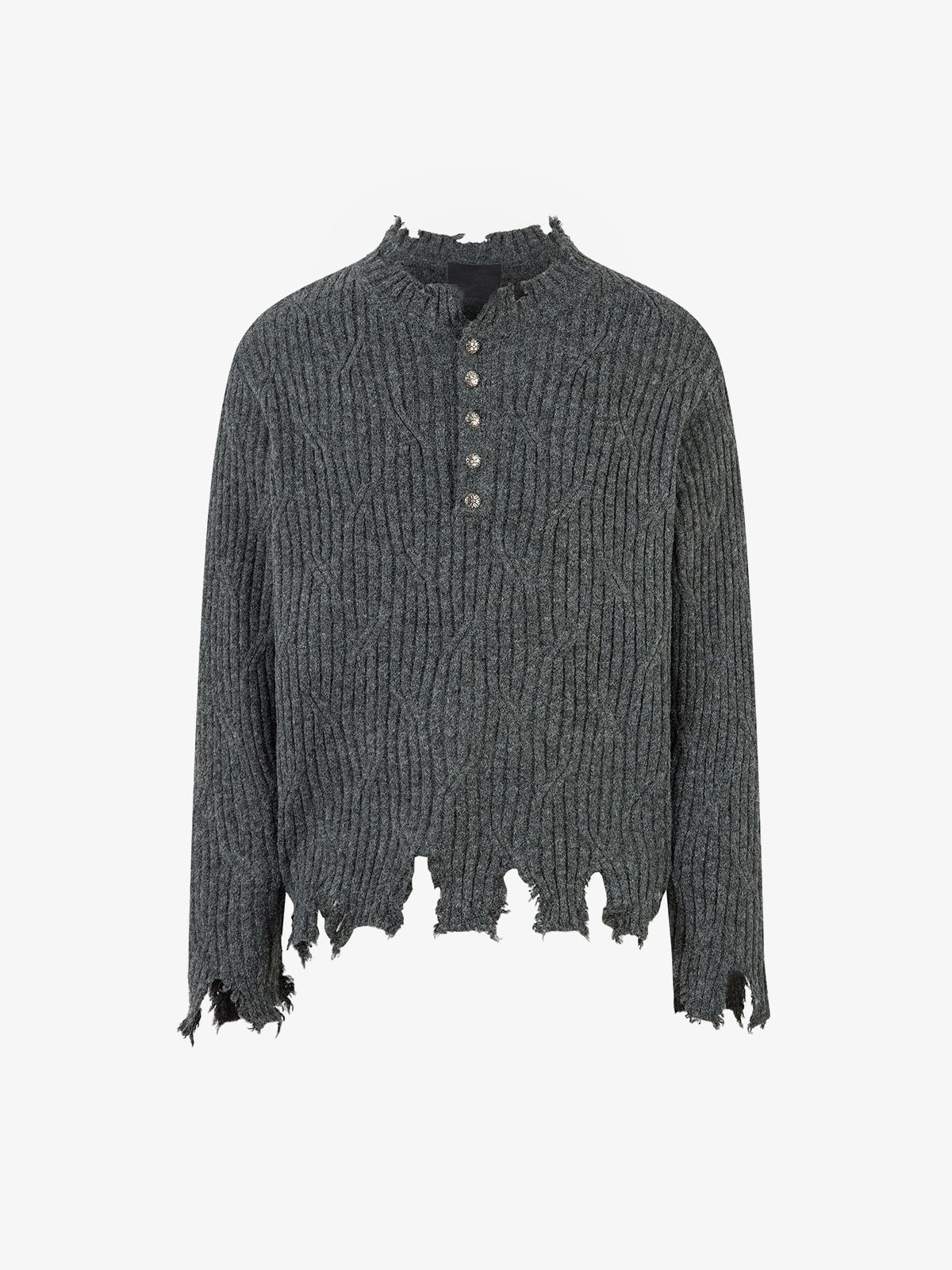 Distressed Rib Knit Henley Sweater – Charcoal, front view | XoKool