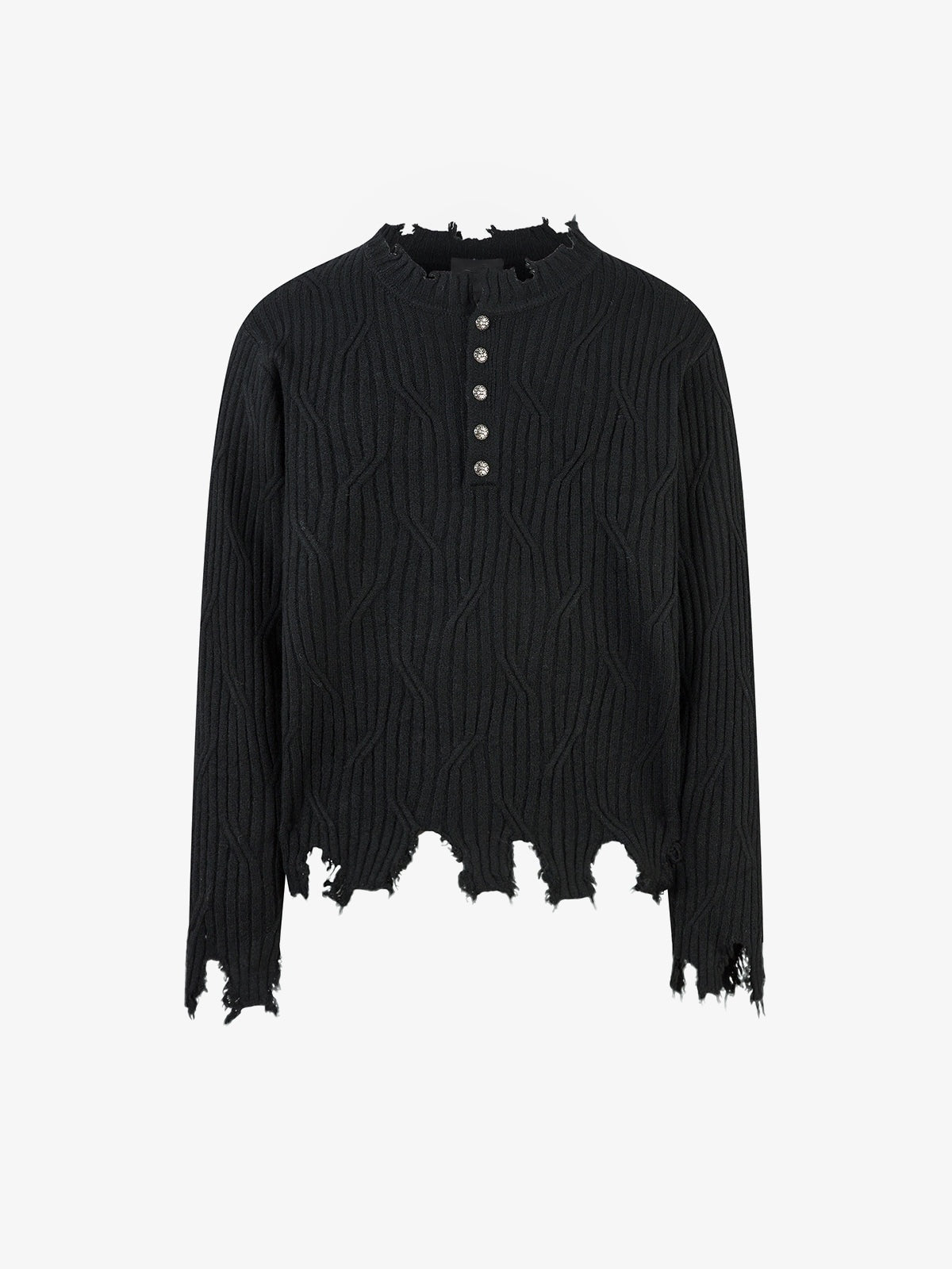 Distressed Rib Knit Henley Sweater – Black, front view | XoKool