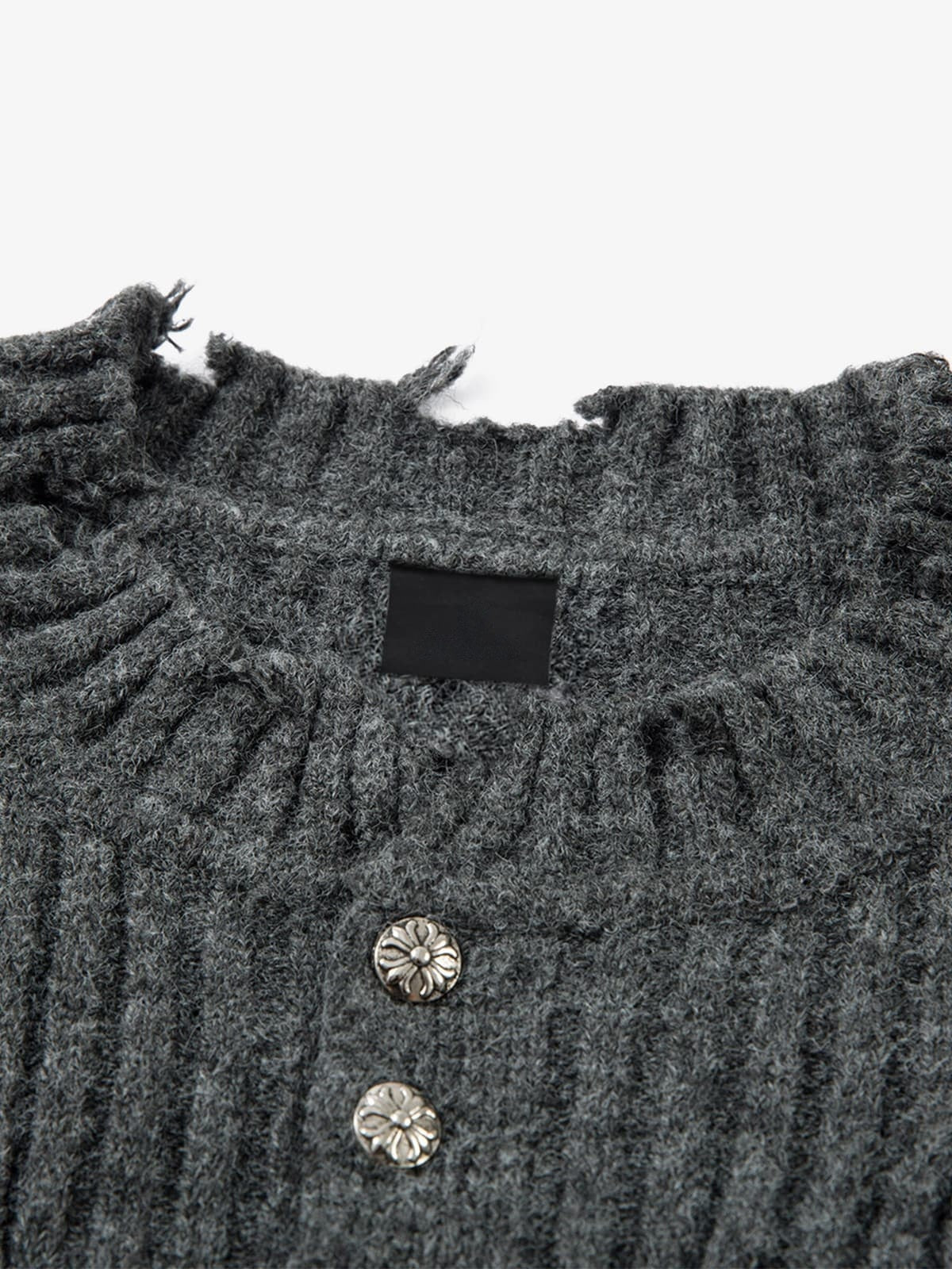 Distressed sweater – Charcoal, buttons and inner neck close-up | XoKool