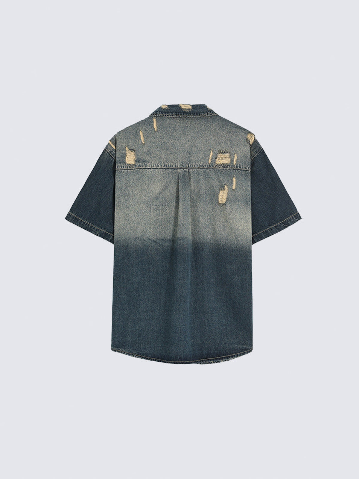 Distressed Short Sleeve Denim Shirt with Snaps – back flat | XoKool