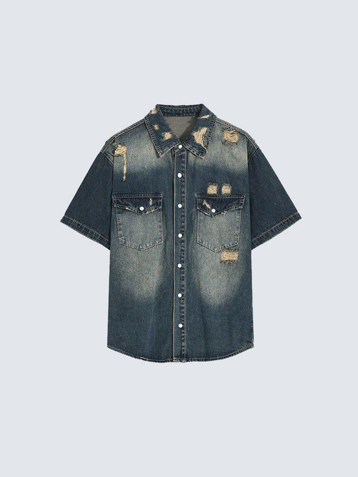 Distressed Short Sleeve Denim Shirt with Snaps – Dark Wash Blue, front flat | XoKool