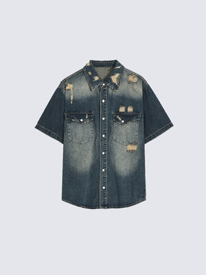 Distressed Short Sleeve Denim Shirt with Snaps – Dark Wash Blue, front flat | XoKool