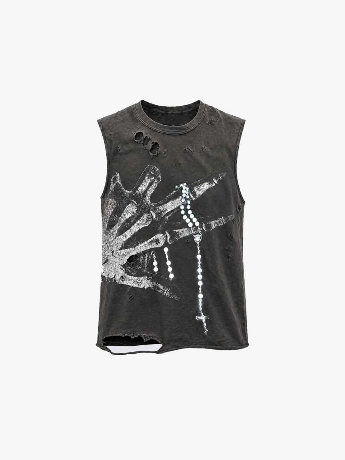 Distressed Tanktop mit Skeletthand-Print – Anthrazit, Vorderseite flach | XoKool