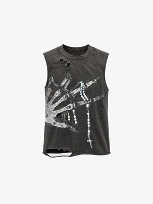 Distressed Skeleton Hand Graphic Tank Top – Charcoal, front flat | XoKool