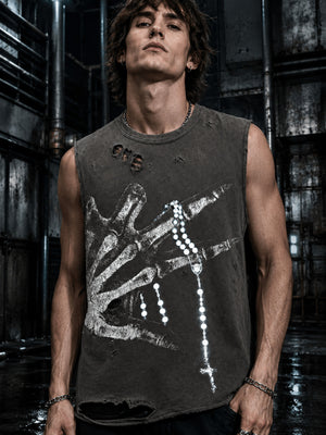 Distressed Skeleton Hand Graphic Tank Top – on model, front | XoKool