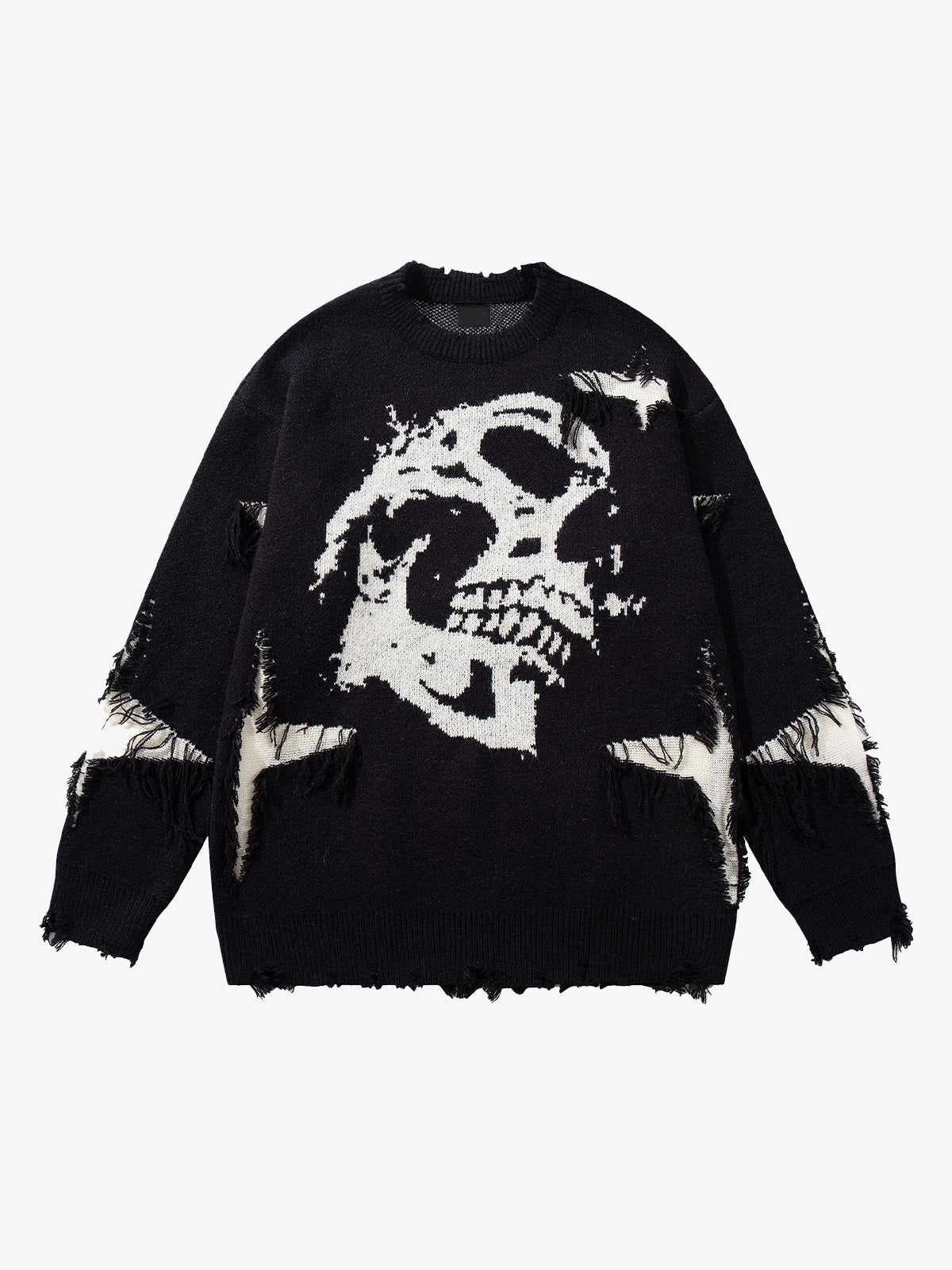 Distressed Skull Jacquard Knit Sweater – Black, front view | XoKool