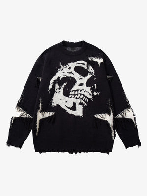Distressed Skull Jacquard Knit Sweater – Black, front view | XoKool