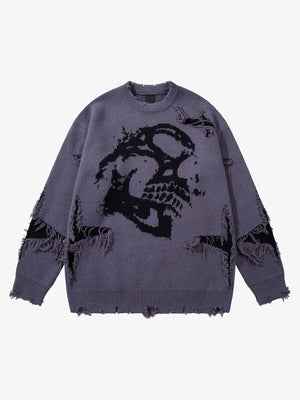 Distressed Skull Jacquard Knit Sweater – Grey Purple, front view | XoKool
