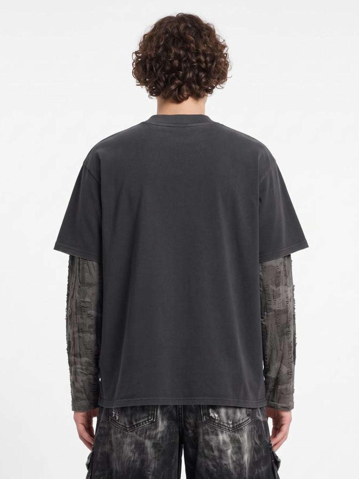 Distressed Sleeve Layered Long Sleeve Tee with Script Print – on model, back | XoKool