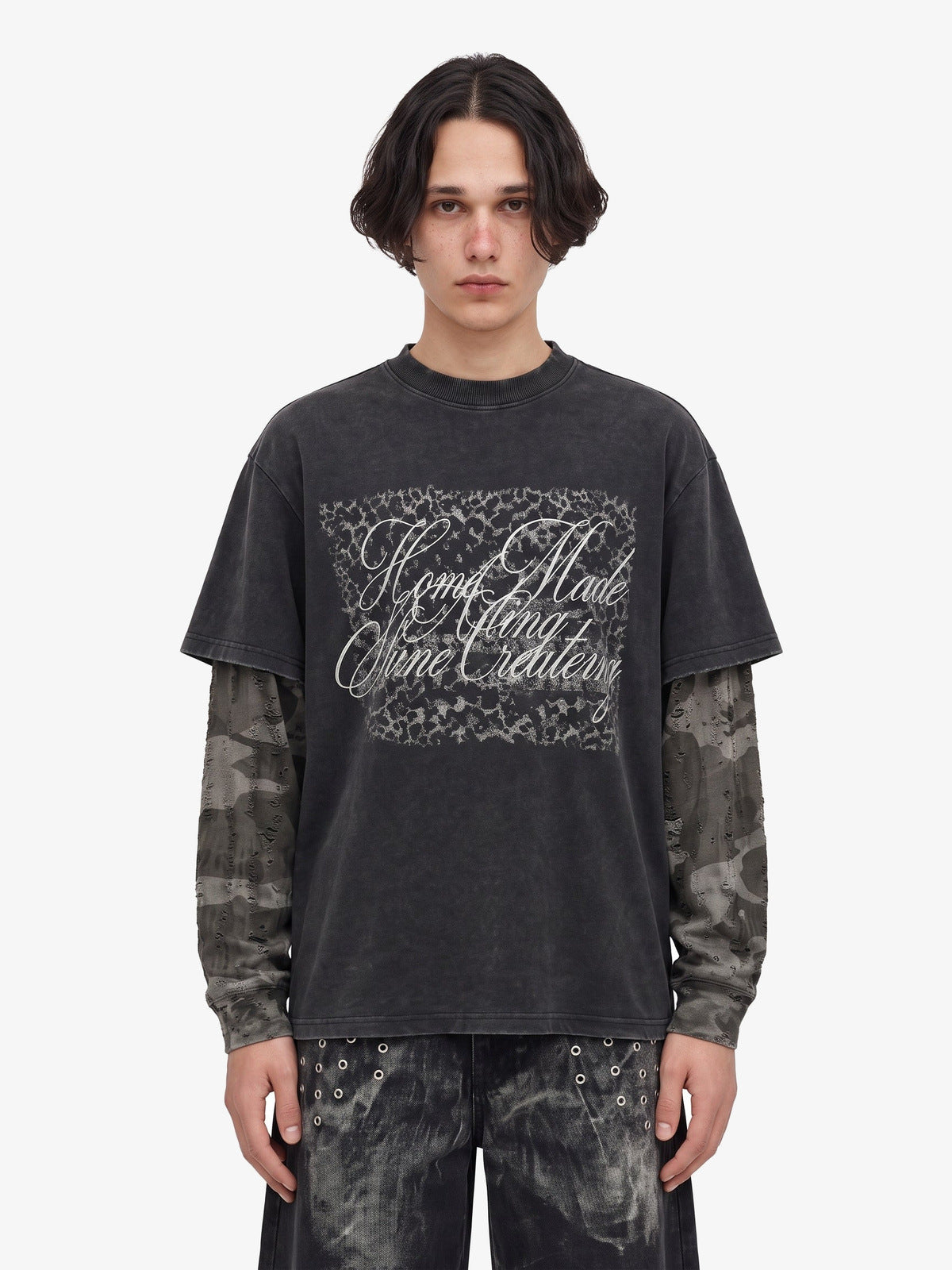 Distressed Sleeve Layered Long Sleeve Tee with Script Print – on model, front | XoKool