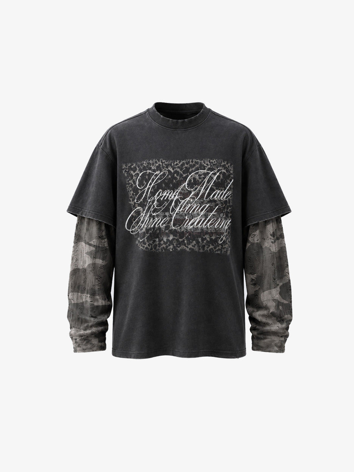 Distressed Sleeve Layered Long Sleeve Tee with Script Print – Washed Black, front view | XoKool
