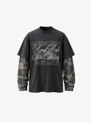 Distressed Sleeve Layered Long Sleeve Tee with Script Print – Washed Black, front view | XoKool