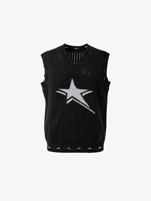 Distressed Strickweste mit Stern in offener Strickoptik – Schwarz, Vorderansicht | XoKool
