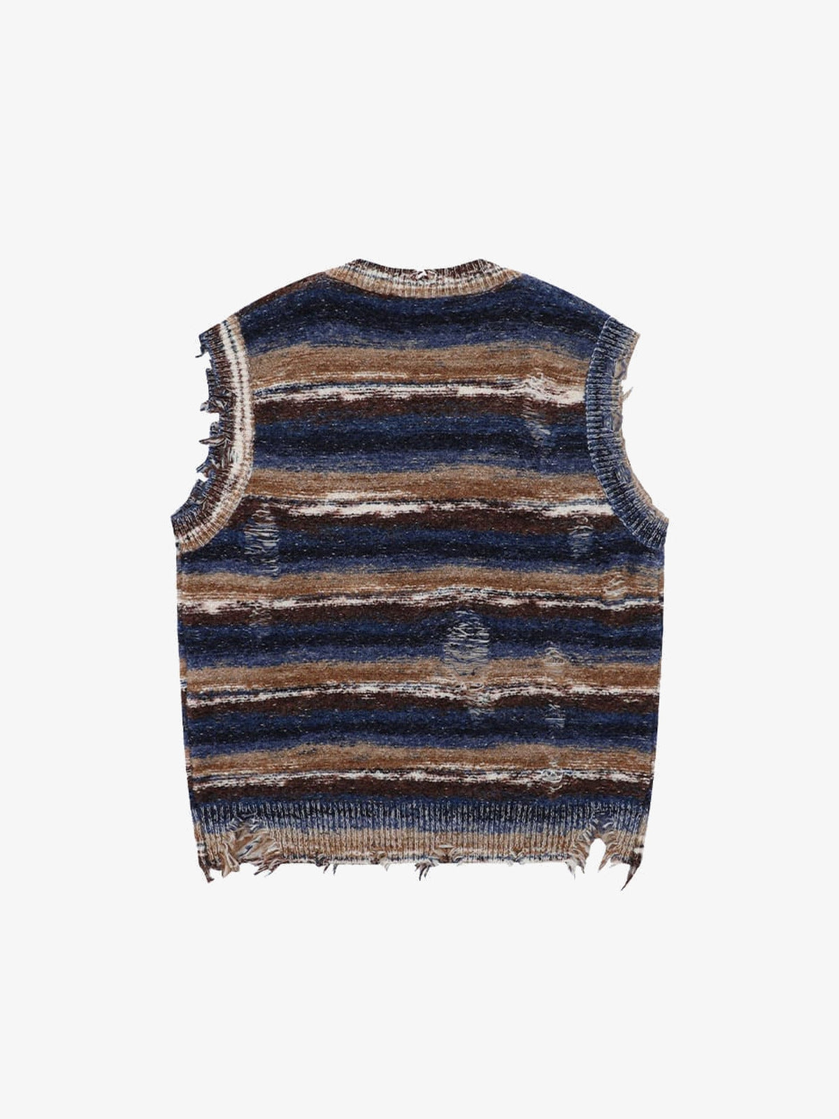 Chaleco de suéter desgastado con cuello en V y rayas – Rayas azul marino, trasera | XoKool