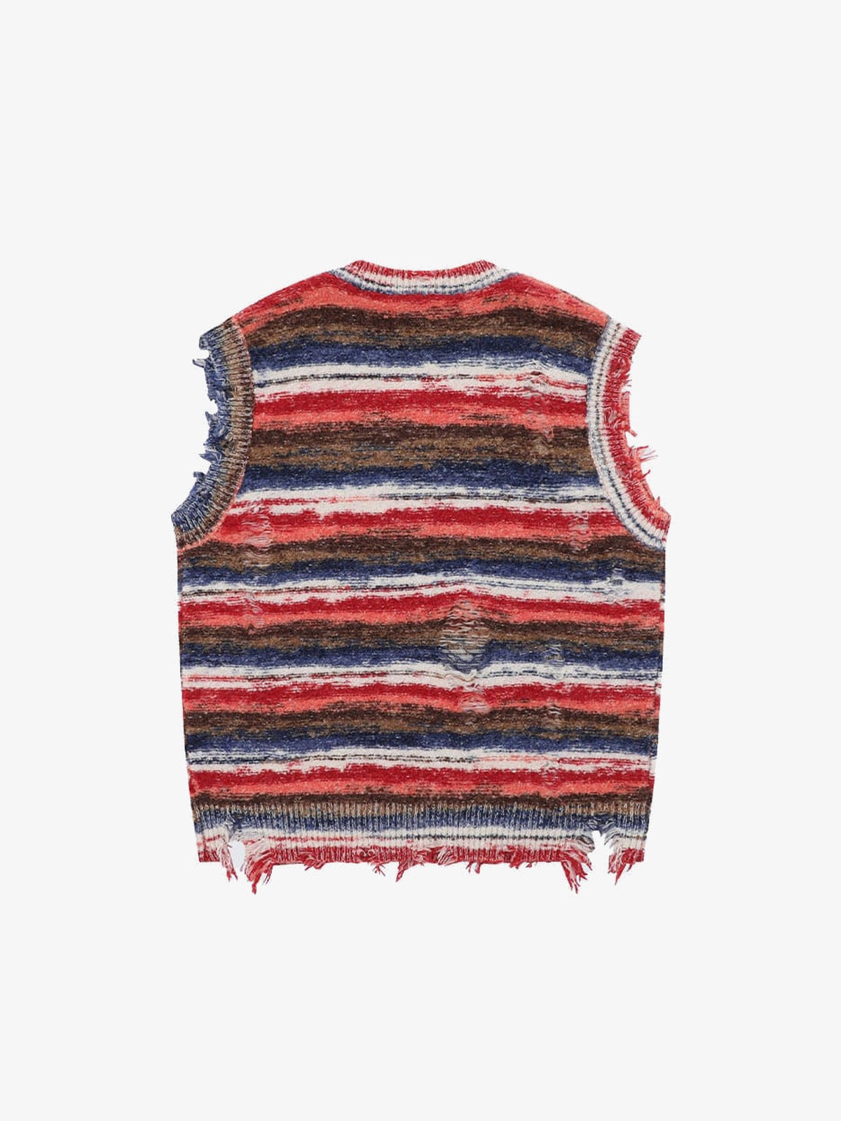 Chaleco de suéter desgastado con cuello en V y rayas – Rayas rojas, trasera | XoKool
