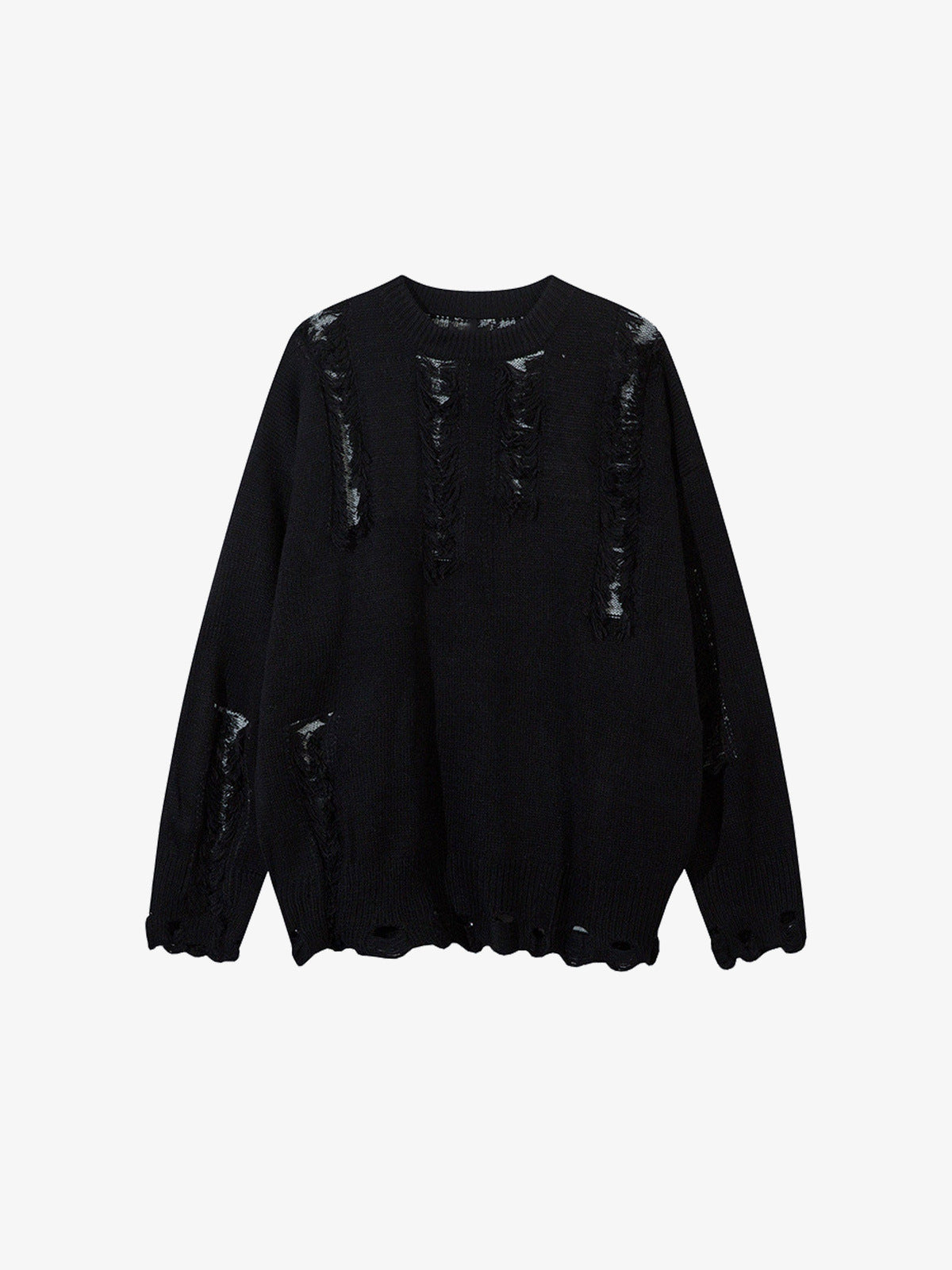 Distressed Pullover mit ausgefransten Ladder Rips – Schwarz, Vorderansicht | XoKool