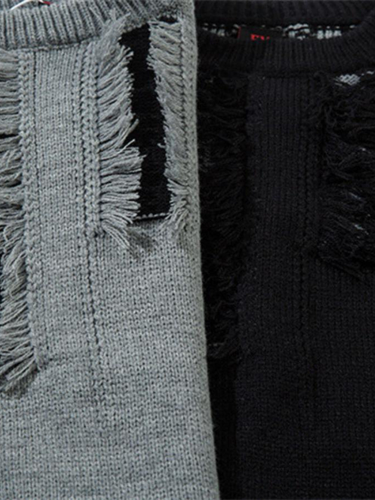 Distressed Strickpullover – Grau und Schwarz, Fransen-Detail im Vergleich | XoKool