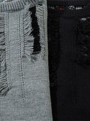 Distressed Strickpullover – Grau und Schwarz, Fransen-Detail im Vergleich | XoKool