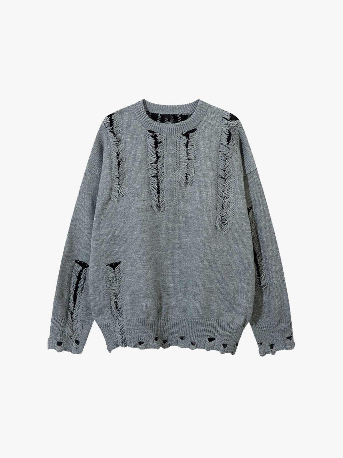 Distressed Pullover mit ausgefransten Ladder Rips – Grau, Vorderansicht | XoKool