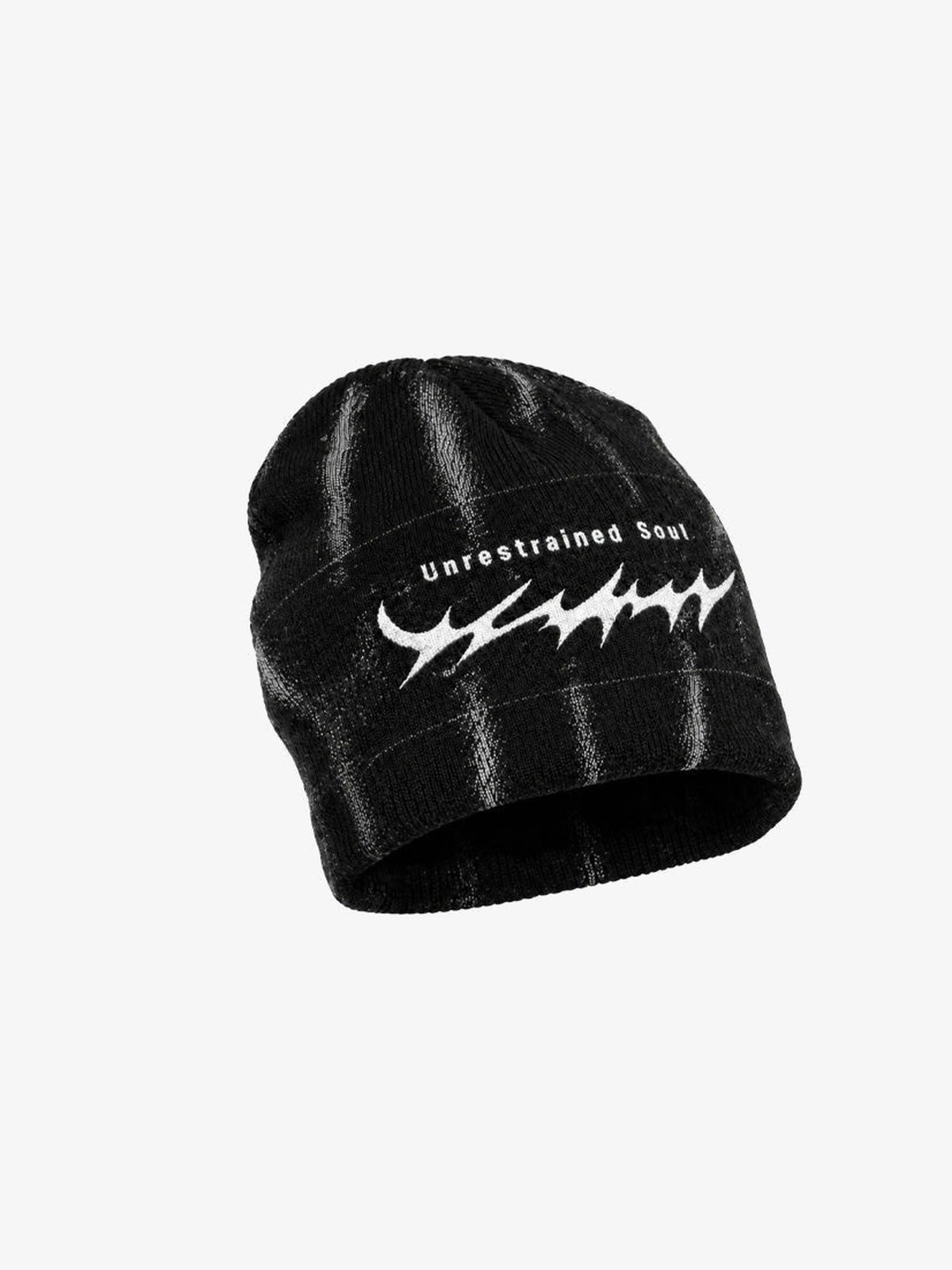 Distressed Thorn Embroidered Rib Knit Beanie – Black, flat front view | XoKool