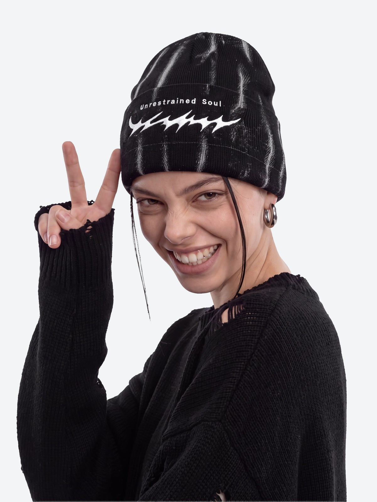Distressed Thorn Embroidered Rib Knit Beanie – on model (woman), front | XoKool