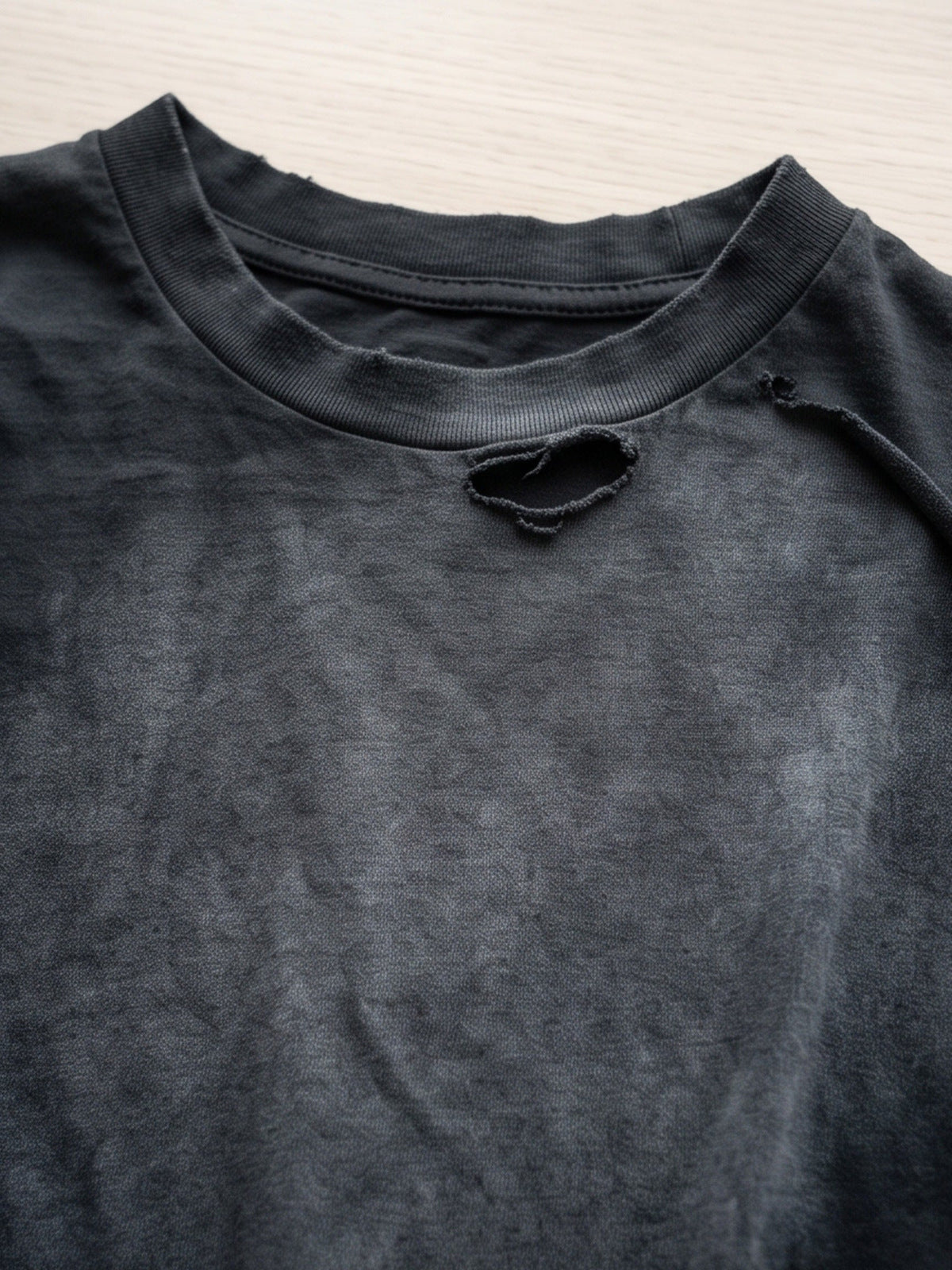 Distressed Washed Black Layered Long Sleeve Tee – collar distressing close-up | XoKool