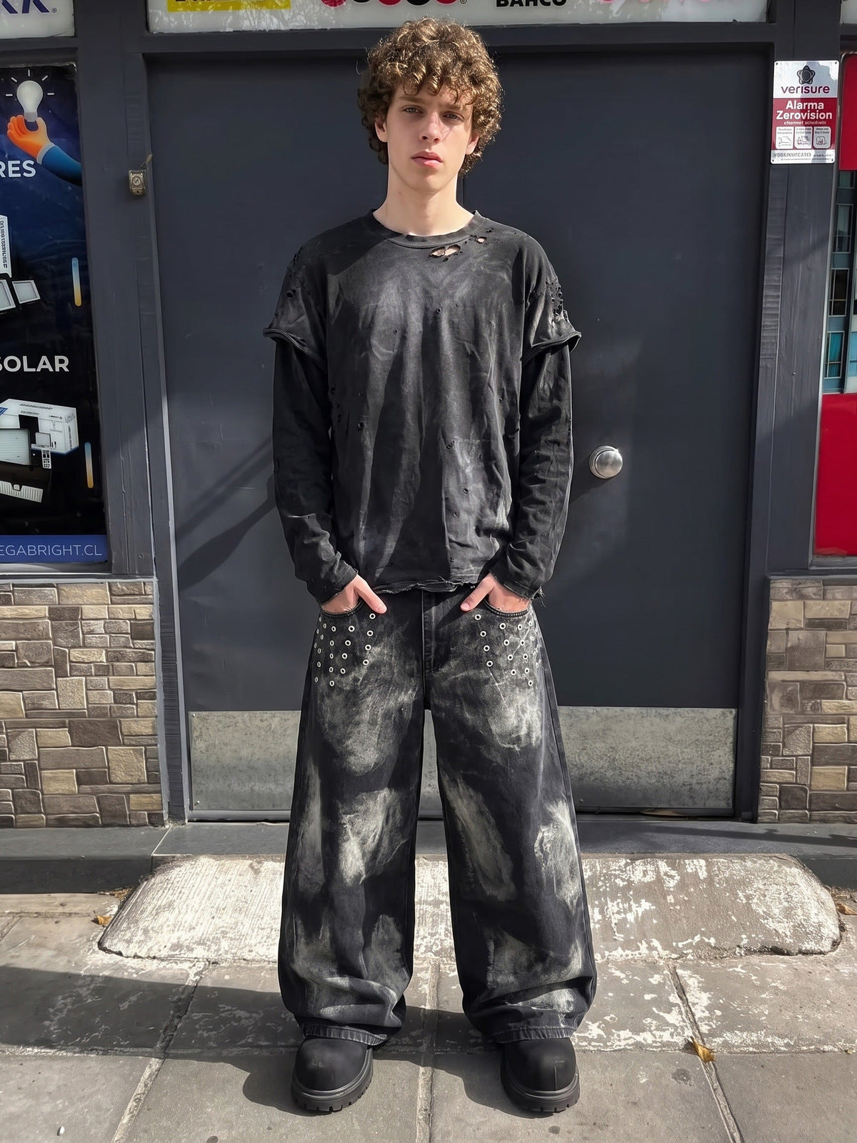 Distressed Washed Black Layered Long Sleeve Tee – on model, street photo | XoKool