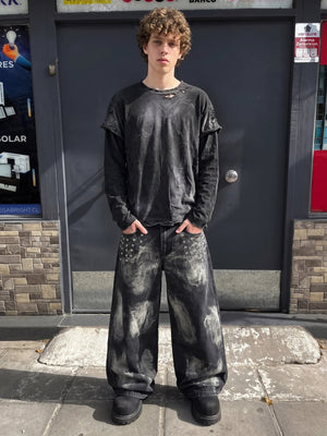 Distressed Washed Black Layered Long Sleeve Tee – on model, street photo | XoKool