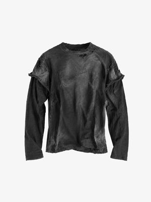 Distressed Washed Black Layered Long Sleeve Tee – Washed black, front flat | XoKool