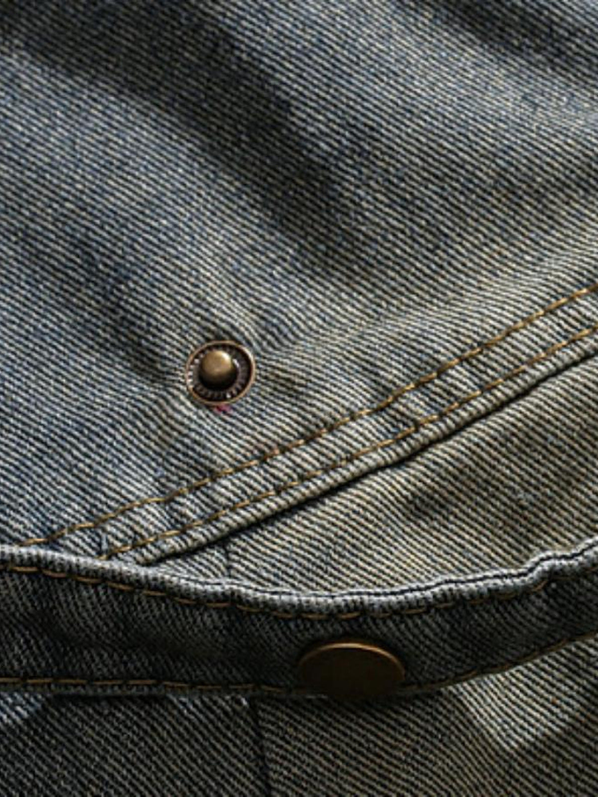 Distressed Zip Up Denim Jacket with Stand Collar – snap and seam close-up | XoKool