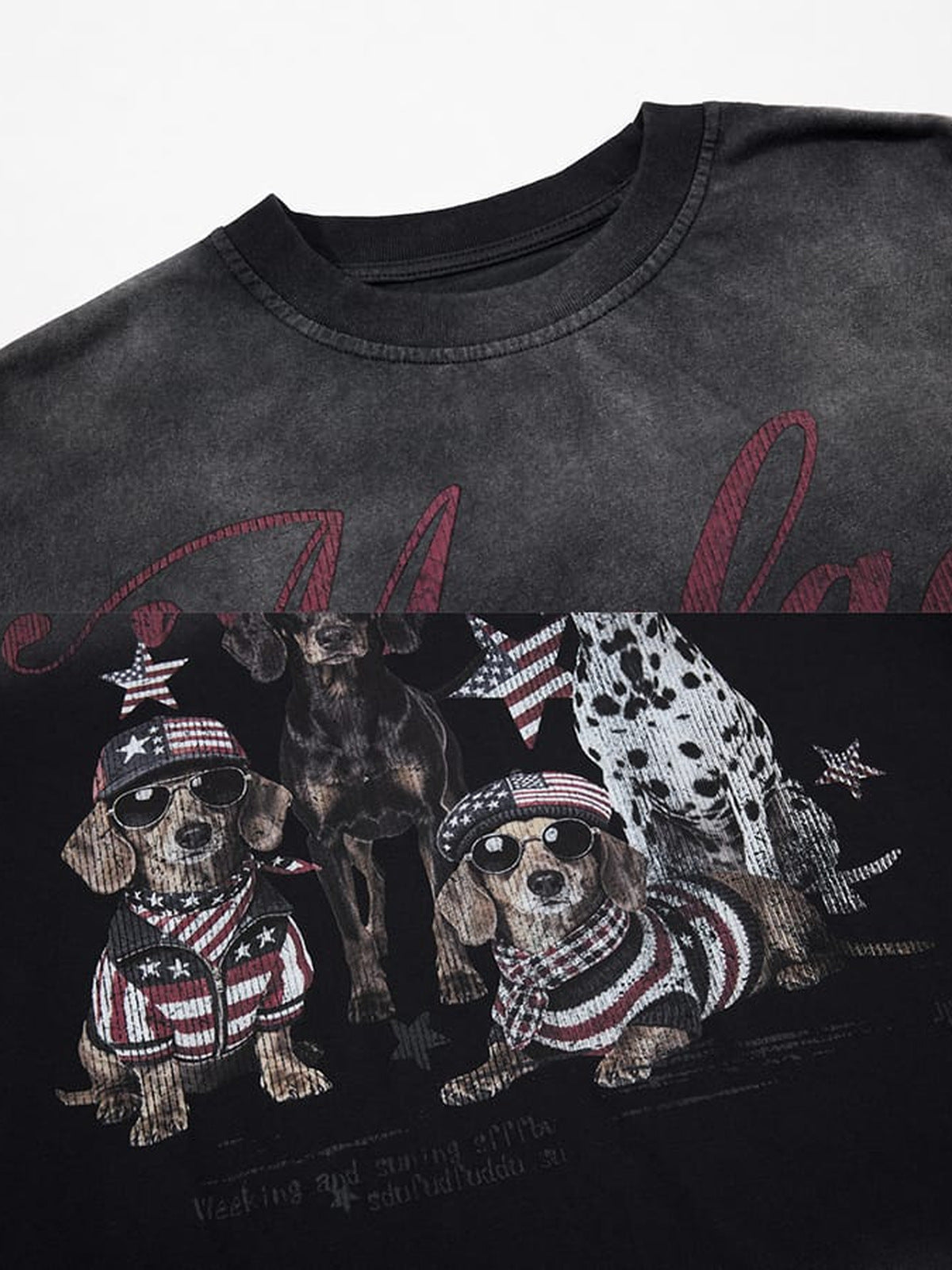 Dog long sleeve tee – neckline and dog print close-up | XoKool