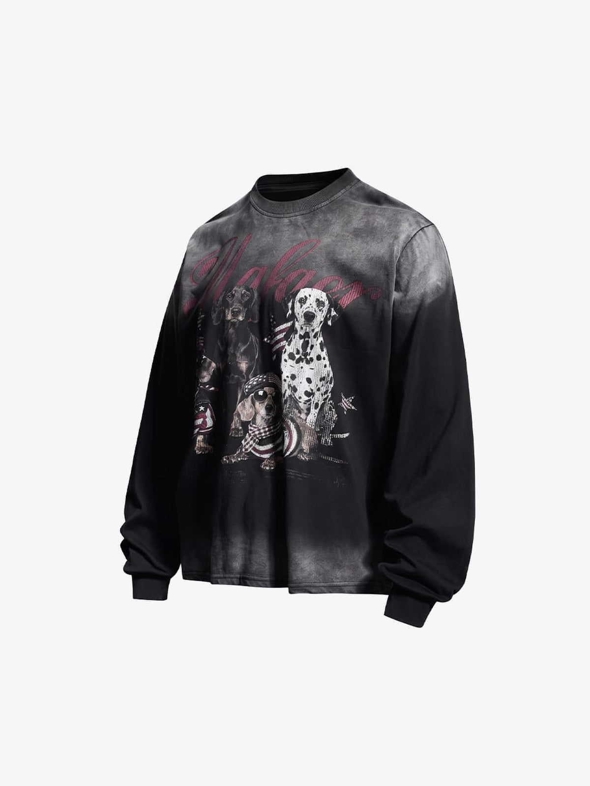 Dog T Shirt, Washed Long Sleeve with Dalmatian Print – Washed Black, front angled | XoKool