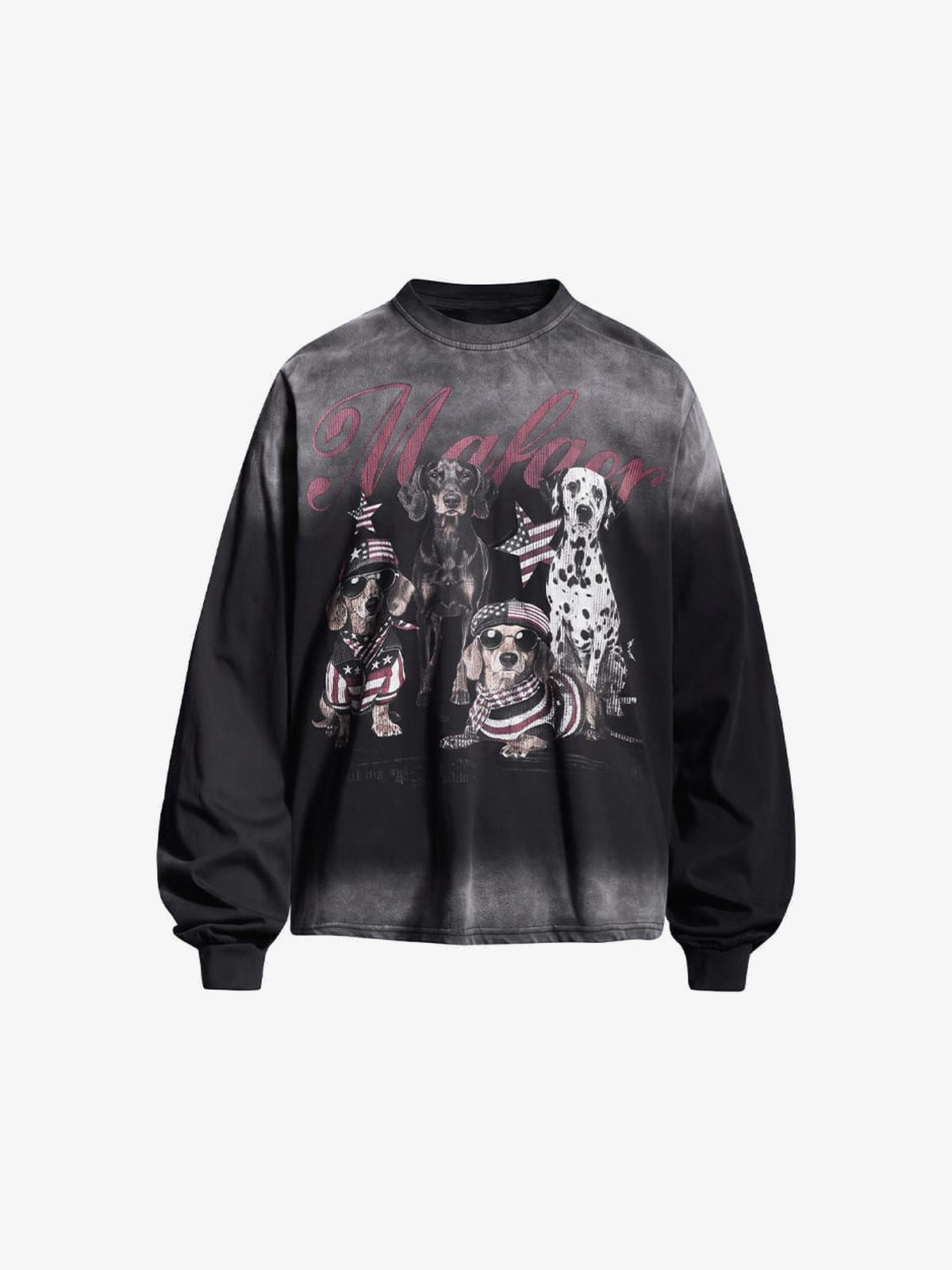 Dog T Shirt, Washed Long Sleeve with Dalmatian Print – Washed Black, front view | XoKool