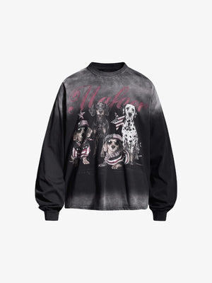 Dog T Shirt, Washed Long Sleeve with Dalmatian Print – Washed Black, front view | XoKool
