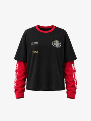 Doppellagiges Ringer Longsleeve mit Emblem-Print – Schwarz, Vorderansicht | XoKool